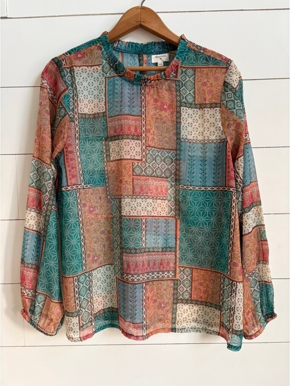 World Market Patchwork Sheer Blouse Women's Size S/M Boho Cottage Coquette Girly